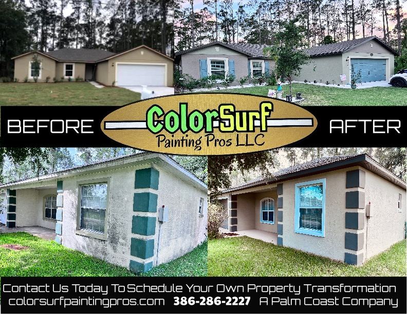 ColorSurf before and after collage: two Palm Coast homes freshly repainted